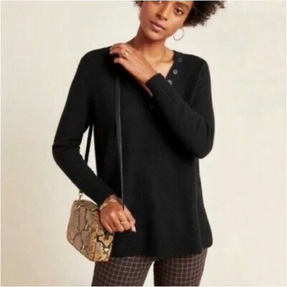 Anthropologie Serena V-Neck Button Front Pullover Sweater Black Size S - Picture 1 of 8
